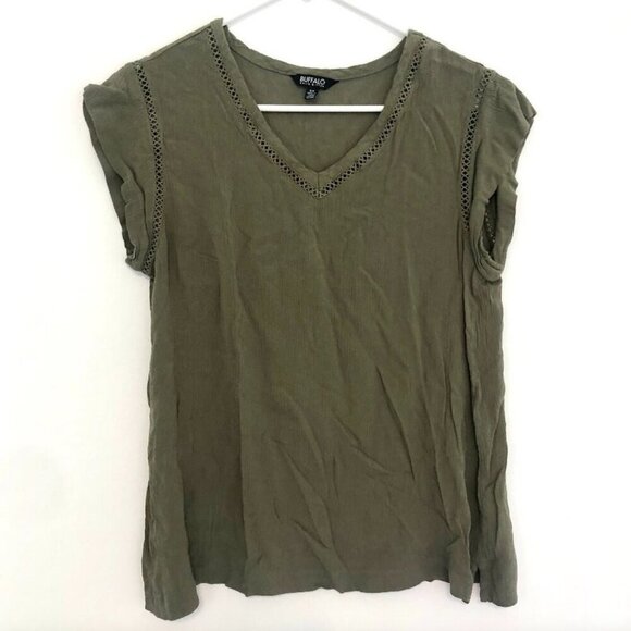 BUFFALO DAVID BITTON V-Neck Short Cap Sleeve Top Solid Olive Green Boho Small S - Picture 2 of 14